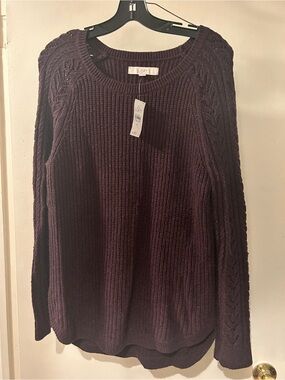 LOFT Women's Plum Crewneck Cable-Sleeve Sweater